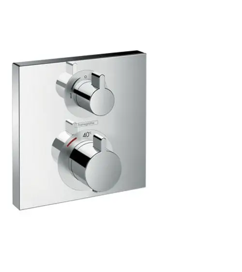 Thermostat von Hansgrohe mit zwei drehbaren Reglern zur Temperatur- und Wassermengensteuerung, montiert auf einer quadratischen Chromplatte.